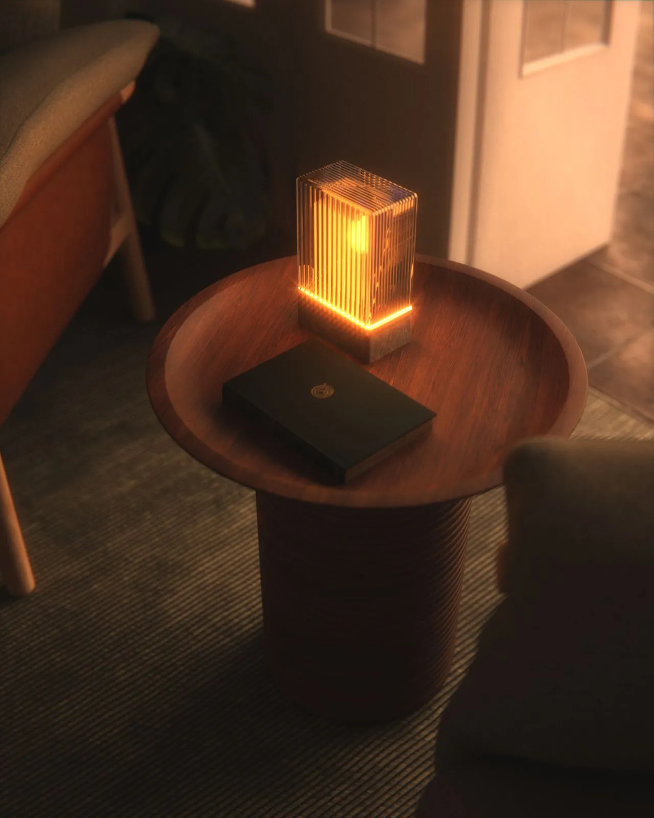 Low table lamp illuminating a book at night