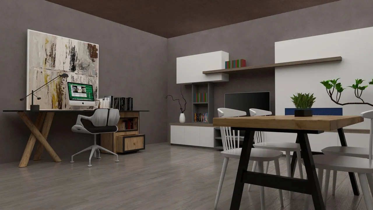 Work and dining area with restrained display shelving
