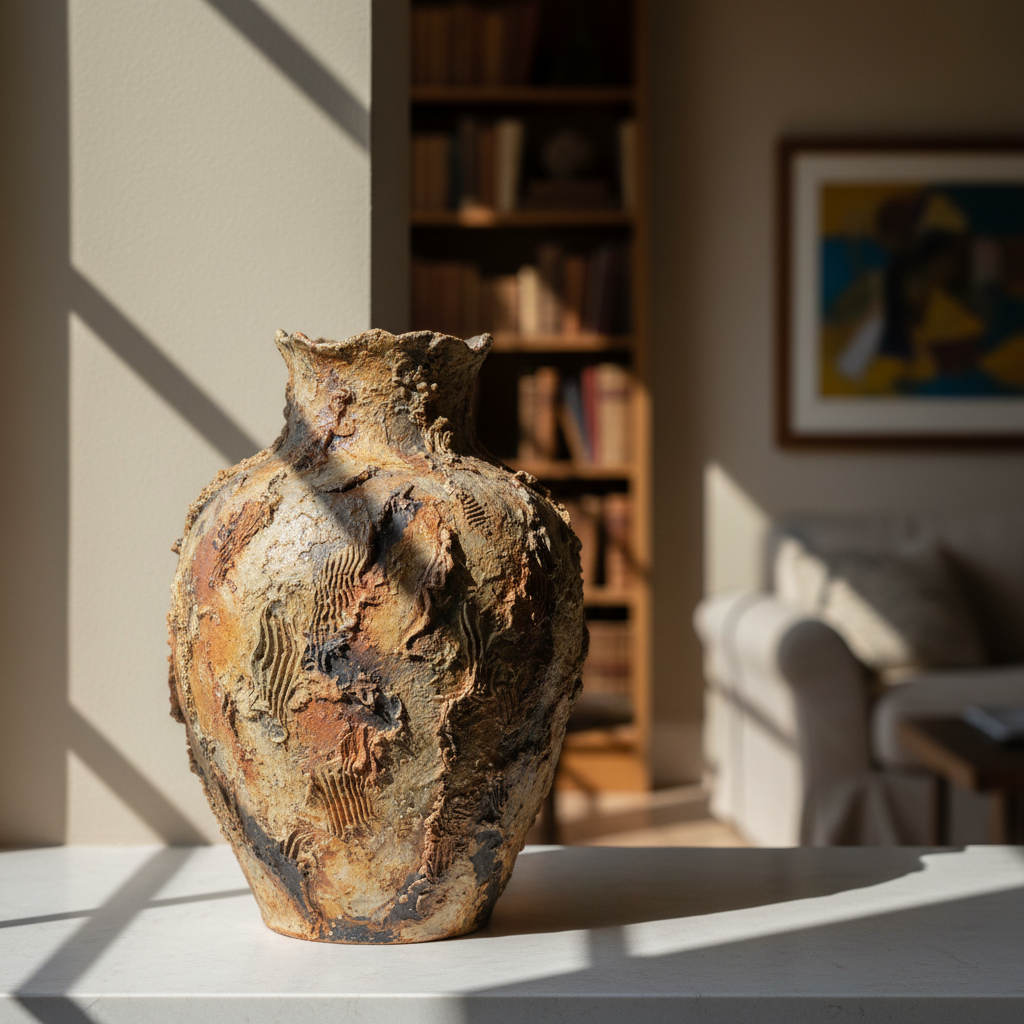 Textured ceramic vessel in afternoon light