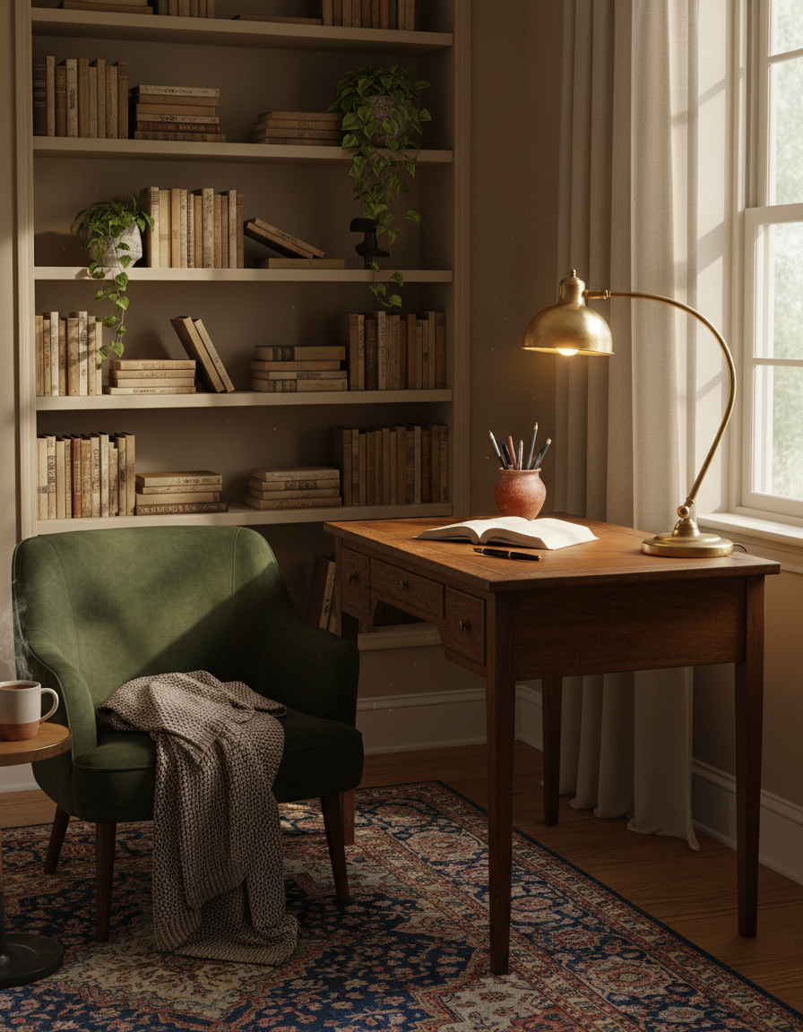 Quiet reading chair and writing desk among books