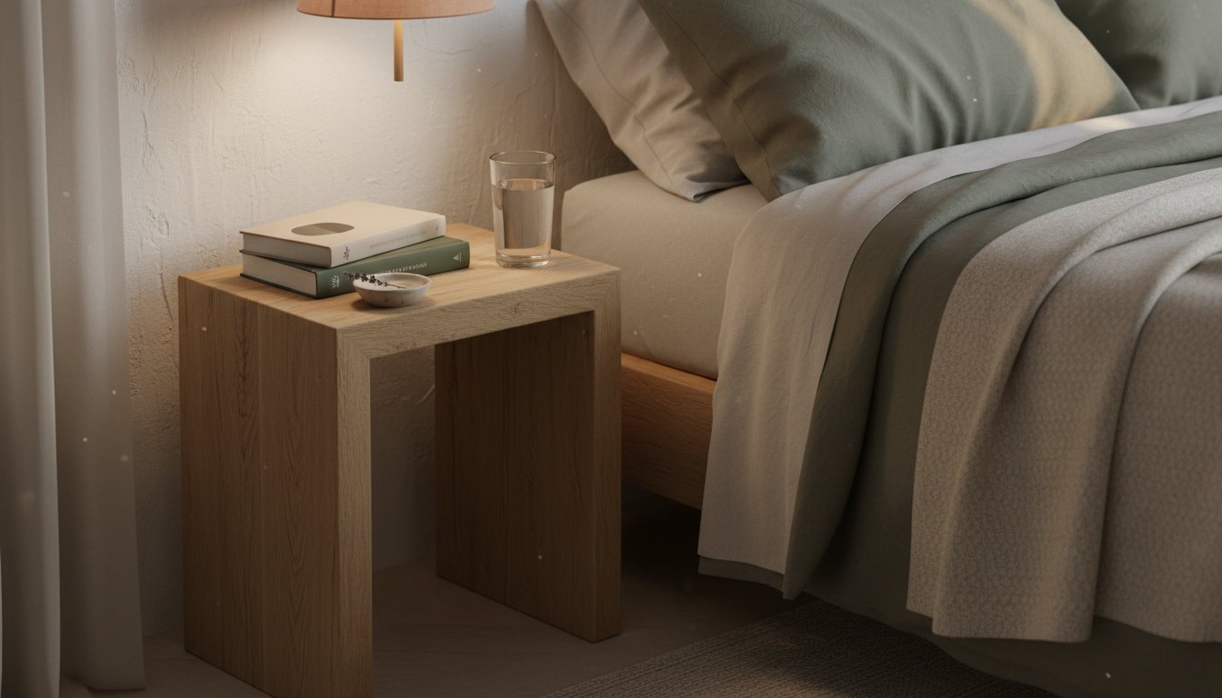 Bedside table holding books and personal objects