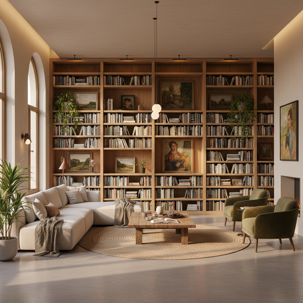Private sitting room shaped by a wall of books and art