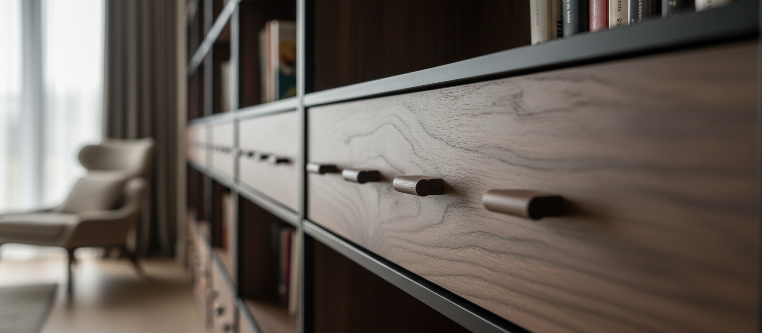 Close view of integrated timber drawers and joinery