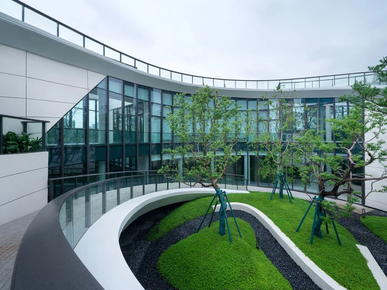 Curving planted courtyard enclosed by glazed architecture