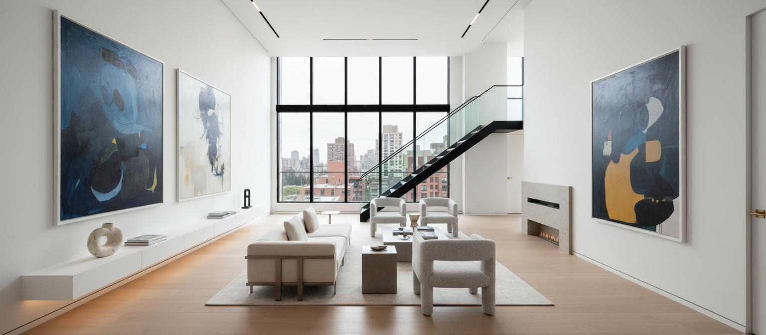 The Gallery Apartment living room with a city-facing staircase